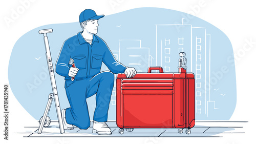 Blue Uniformed Man with Tool: Professional Industrial Worker Image