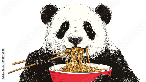 Panda Eating Noodles with Bowl Vector Illustration EPS