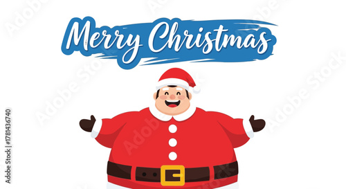 Joyful cartoon santa claus with arms outstretched welcoming everyone with merry christmas text