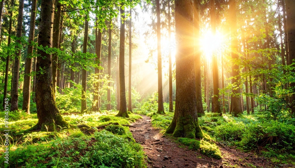 Obraz premium 森 林 木 木漏れ日 光 太陽 日差し 緑 新緑 生命 自然 早朝 幻想的 神秘的 癒やし 静寂 散歩 アウトドア 輝き 壮大