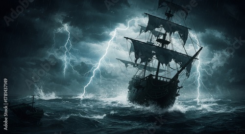 Fototapeta Naklejka Na Ścianę i Meble -  Pirate ship sailing on a stormy sea in rough weather with lightning striking sky. Adventure concept for historical and fantasy themes.