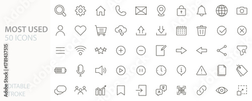 50 most used modern icon symbols. Thin line vector illustration editable stroke.