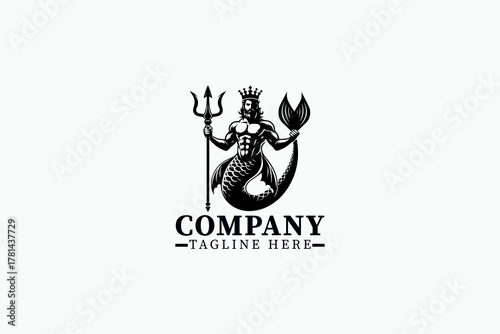Merman King Trident Logo Vector – Powerful Black and White Silhouette of Masculine Mermaid King Wearing Crown and Holding Trident, Mythical Ocean Fantasy Emblem for Branding, Tattoo, and Nautical Desi