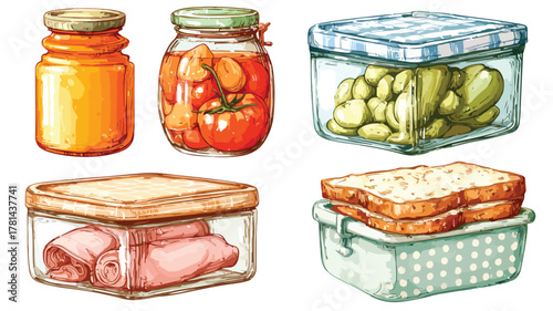 Four Containers with Various Food Items Displayed for Professional Usage