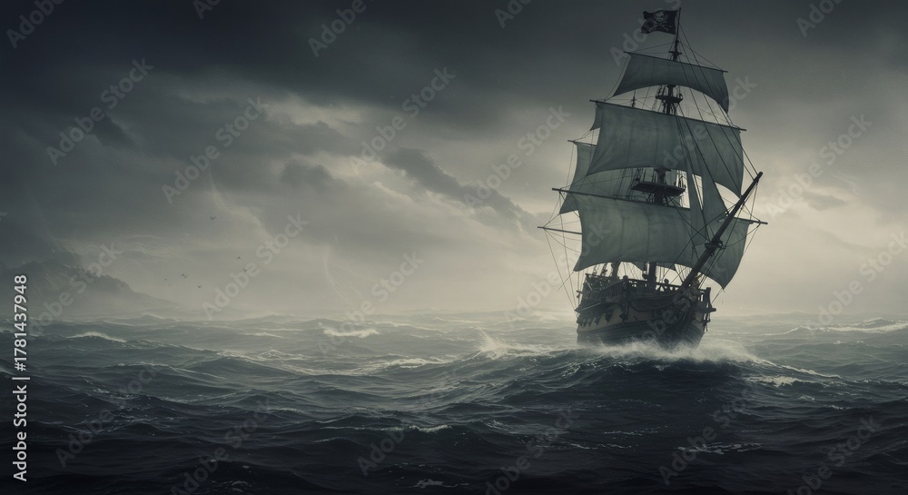 Fototapeta premium Pirate ship sailing on a stormy sea. Adventure and danger on the open ocean. A classic tale of buccaneers and maritime exploration.