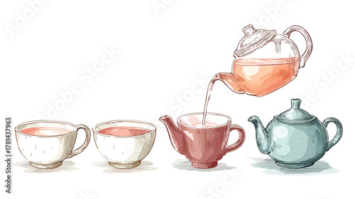 Pouring Tea into Various Teapots Vector Illustration for Design Projects