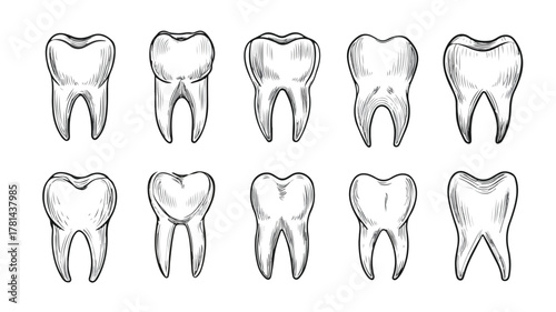 Variety of Tooth Heads with Different Shapes and Lines Vector Illustration