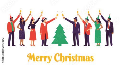 Diverse group of people in festive attire celebrating christmas with champagne and a tree