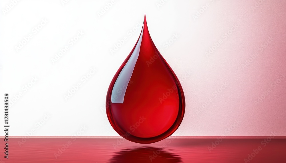 Obraz premium Close-up of a large glossy red liquid droplet with reflection on a smooth surface, symbolizing purity and vitality, with a soft gradient background