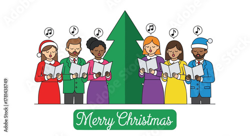 Diverse group of people singing christmas carols together in front of a festive green tree with musical notes