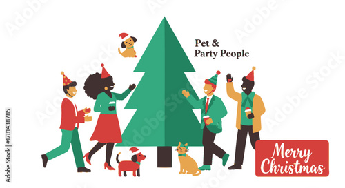 Diverse group of people and pets celebrate christmas around a festive green tree wearing santa hats