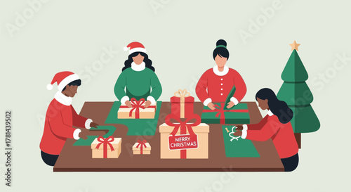 Diverse group of people wearing santa hats wrapping christmas presents together around a table with a decorated tree