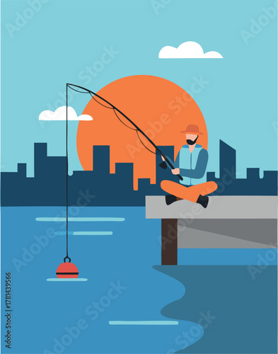Man fishing on pier at city sunset
