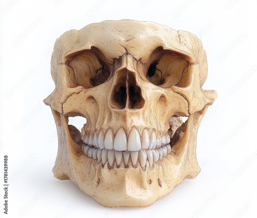 Obraz premium Detailed close-up view of a realistic human skull model with prominent teeth and nasal cavity against a white background