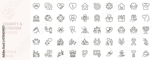 Charity and altruism icon set. Thin line editable stroke vector outline icons illustrations.