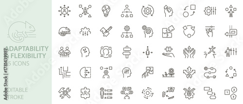 Adaptability, flexibility and choices icons set. Thin line editable stroke vector outline illustrations.