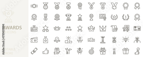 Awards icon set.  Thin line editable stroke vector icon outline illustrations.