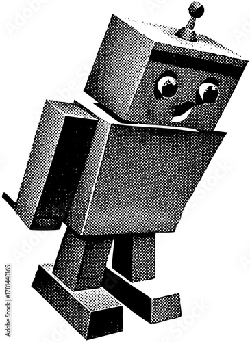 Robot stands cheerfully in a retro illustration