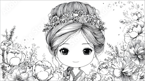 Adorable Chibi Princess Coloring Page with Delicate Flowers