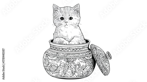 Adorable Cat Sitting on Cookie Jar Coloring Page Vector Illustration