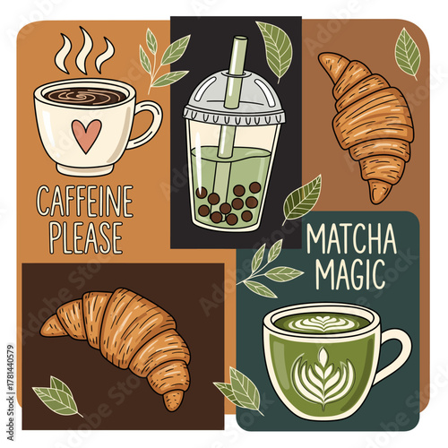 A cute coffee matcha doodle collage with croissants and bubble tea for cafe lovers