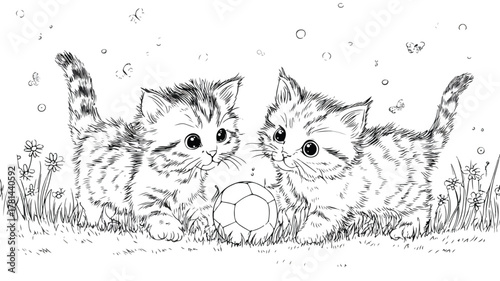 Adorable Coloring Page of Cute Cats Playing with Ball Vector Illustration