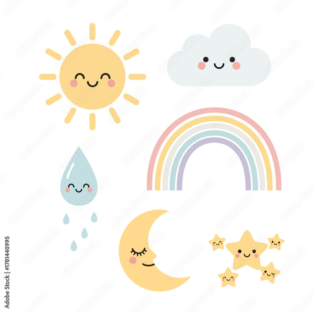 Obraz premium Cute and Charming Weather Elements Illustration Set for Nursery Decor and Baby Showers - Sweet Sun, Cloud, Rainbow, Moon, Stars, and Raindrop Cartoon Collection for Children