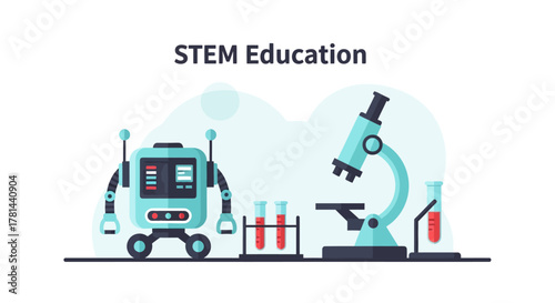STEM Education Illustration Robot, Microscope and Test Tubes - Inspiring Young Learners
