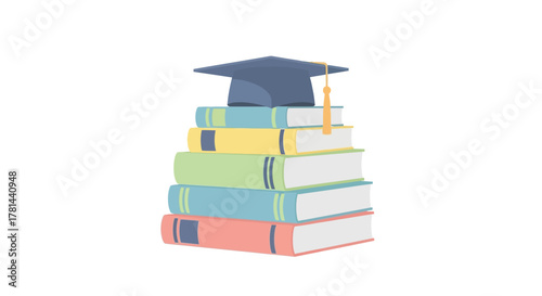 Illustration of a graduation cap resting on a stack of colorful books, symbolizing education, academic achievement, and learning
