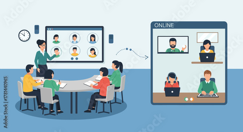 A business team engaged in a hybrid meeting, seamlessly connecting in-person staff with remote colleagues through an online video conference