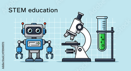 STEM Education Robotics, Microscopy, and Scientific Experimentation Illustration
