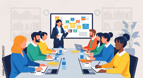 Professional business woman leading a corporate presentation, explaining a project workflow on a screen to a diverse team in a meeting