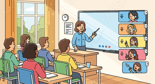 Online learning during the pandemic Teacher and students connect remotely via video conferencing in a modern classroom setting