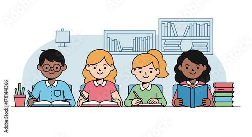 An illustration of a diverse group of happy children studying together, reading and writing at a school desk