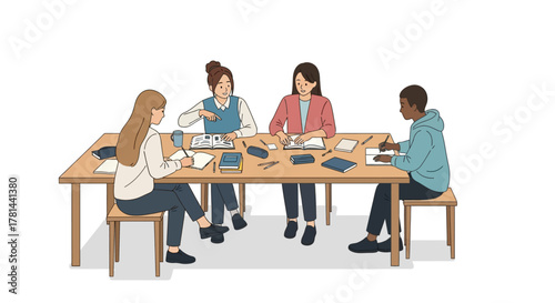 Diverse Team Collaboration Students Working Together on a Project at a Wooden Table, Focused and Engaged in Discussions