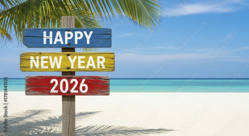 Fototapeta premium Happy New Year 2026 Wooden Sign on Idyllic Tropical Beach with Palm Fronds and Blue Ocean