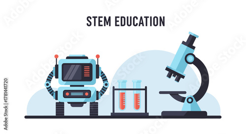 STEM Education Illustration with Robot, Test Tubes, and Microscope