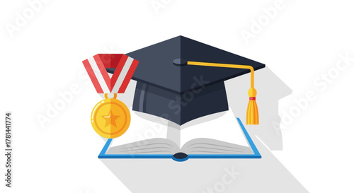 Academic Achievement Graduation Cap, Medal, and Open Book Icon - Educational Success Concept