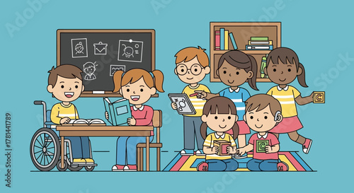 Inclusive education concept with diverse children learning together in a supportive and accessible classroom environment
