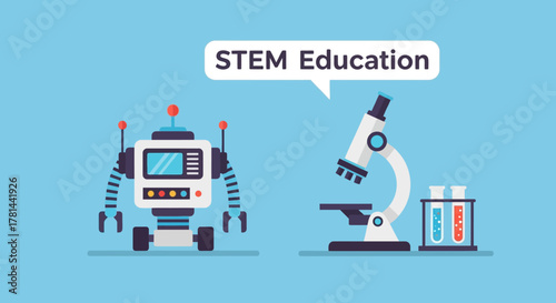 STEM Education Concept with Robot and Microscope Illustration