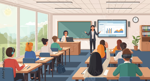 Diverse group of students in a modern classroom receiving instruction from a teacher using interactive technology