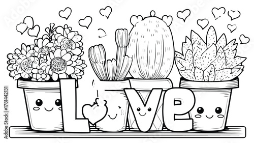 Cute Kawaii Flower Pot Coloring Page for Kids with Love Theme