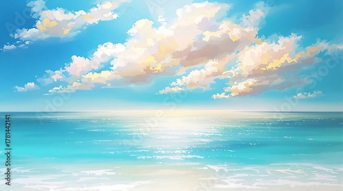 Fototapeta Naklejka Na Ścianę i Meble -  Seascape with Blue Ocean and Cloudy Sky in Anime Style