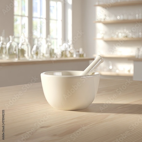 White Porcelain Mortar And Pestle On Wooden Table