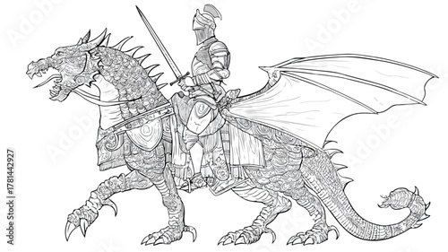 Brave Knight Riding Dragon Coloring Page Vector Outline Illustration