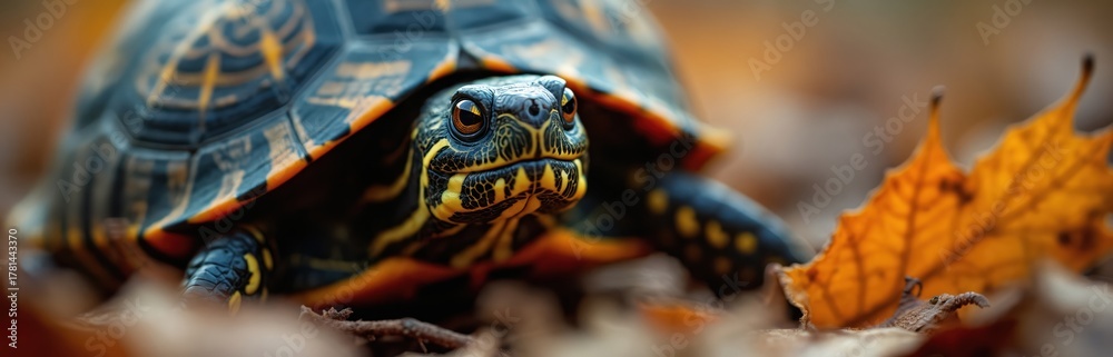 Obraz premium Box turtle peeks out from shell. Reptile colorful black, yellow pattern on body. Turtle sits on dry leaves, surrounded by autumn foliage, looking cautiously forward. Animal distinctive shell with