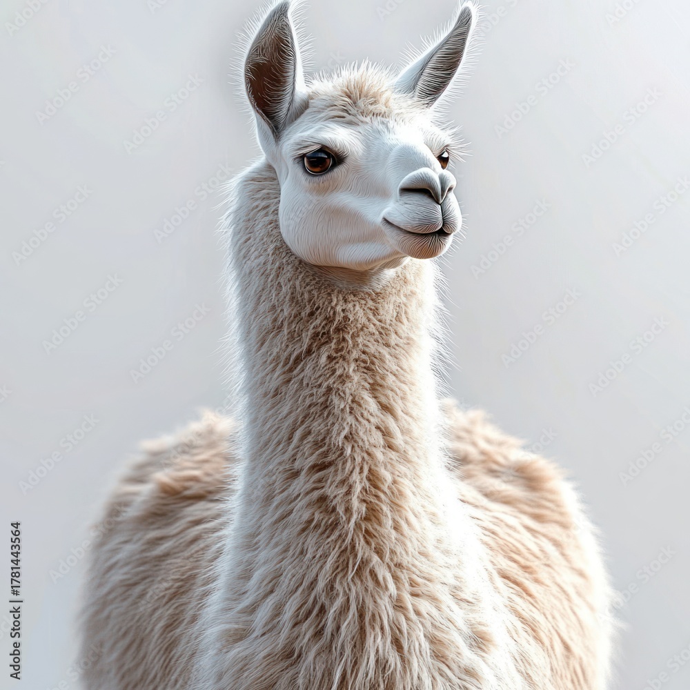 Obraz premium close-up of a fluffy white and light brown llama looking calmly with alert ears against a soft gradient background