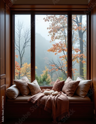 Cozy Window Seat with Pillows and Autumn Forest View: Relaxing Interior Design and Seasonal Scenery
