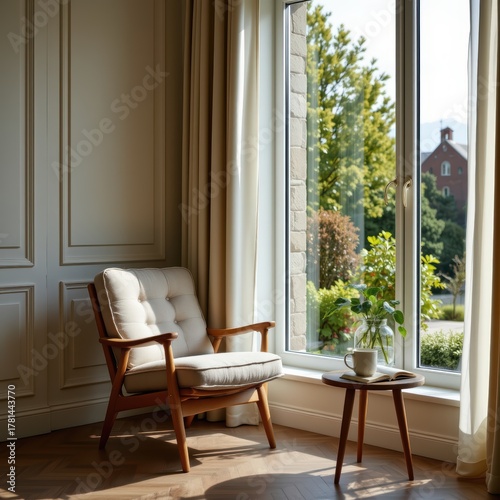 Inviting Armchair by Window: Cozy Reading Nook with Book and Coffee Mug for Relaxing and Enjoying a Quiet Moment Indoors