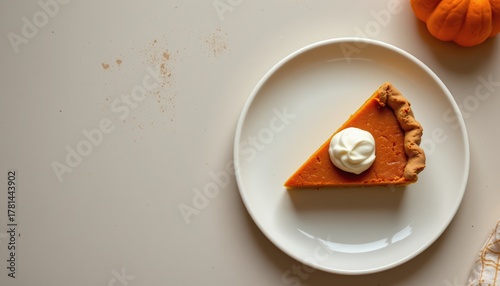 Perfect Slice of Pumpkin Pie with Whipped Cream on White Plate, Autumn Dessert Thanksgiving Treat Delicious